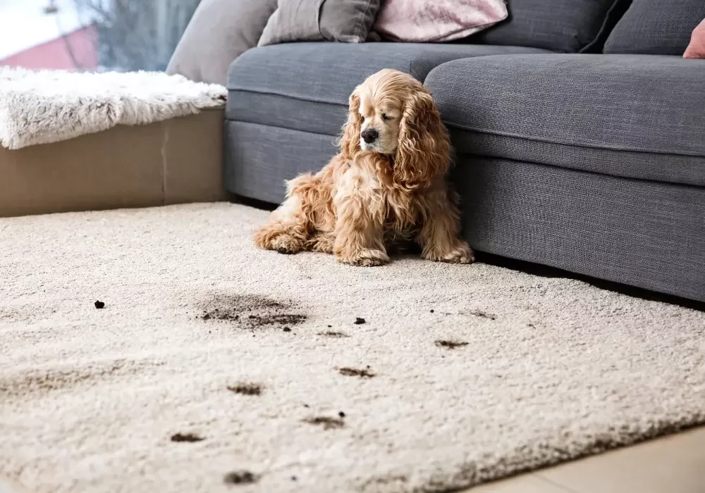 A dog sits on a carpet it has tracked mud into.