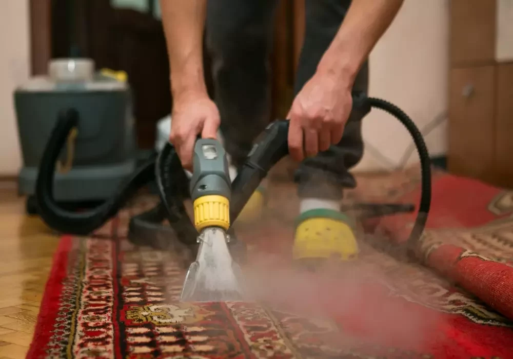 A cleaner steaming a rug to get out ingrained dirt.